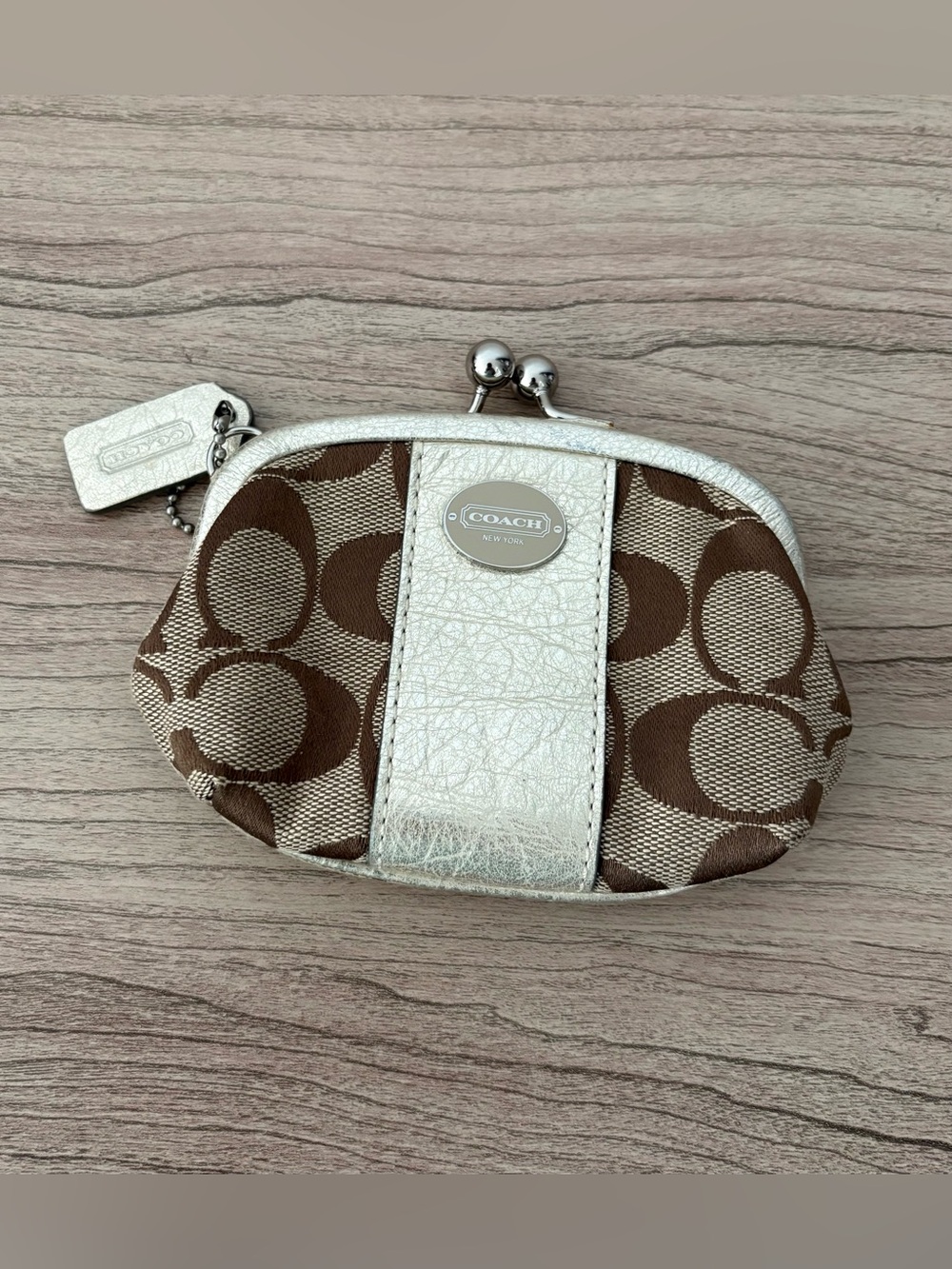Coach Brown Signature Coin Purse with Metallic Silver Trim
